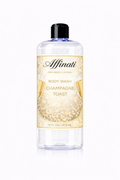 A bottle of Affinati Champagne Toast Body Wash featuring a clear gel formula and gold sparkling label design.