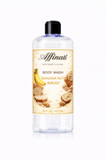 A 16 oz clear bottle of Affinati Banana Nut Bread Body Wash featuring a label with banana and nut illustrations.