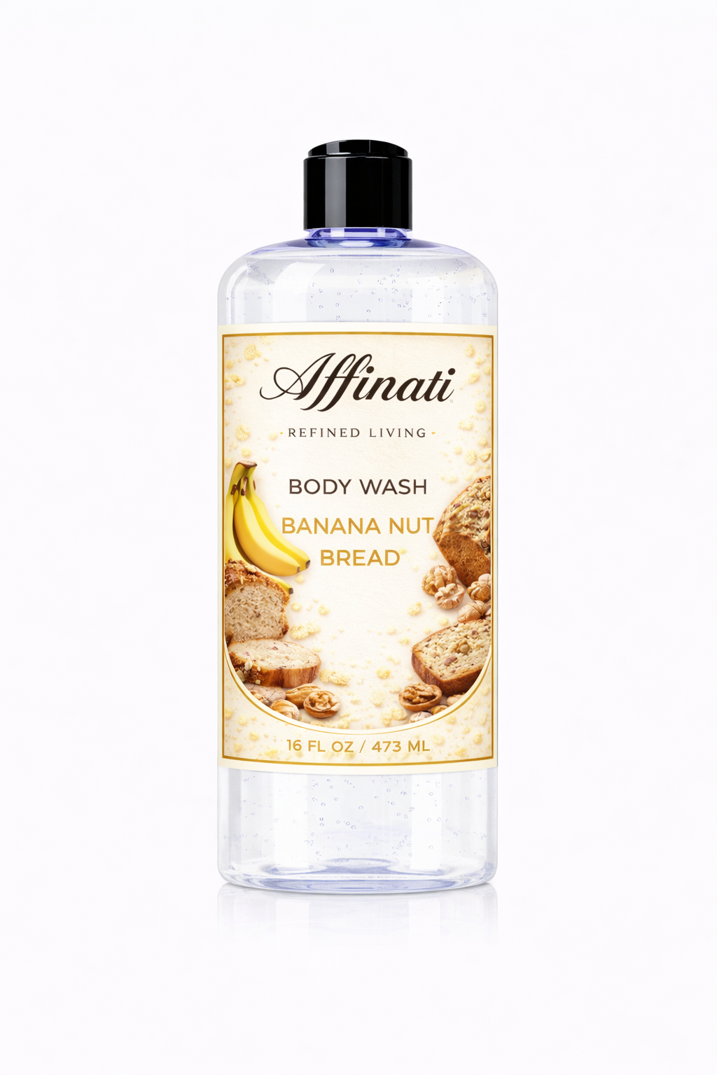 A 16 oz clear bottle of Affinati Banana Nut Bread Body Wash featuring a label with banana and nut illustrations.