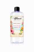 A 16 oz bottle of Affinati Hawaiian Hibiscus Body Wash featuring a label with tropical flowers and ocean scene.