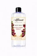 A 16 oz bottle of Affinati Black Cherry Merlot Body Wash featuring a label with cherry and wine imagery
