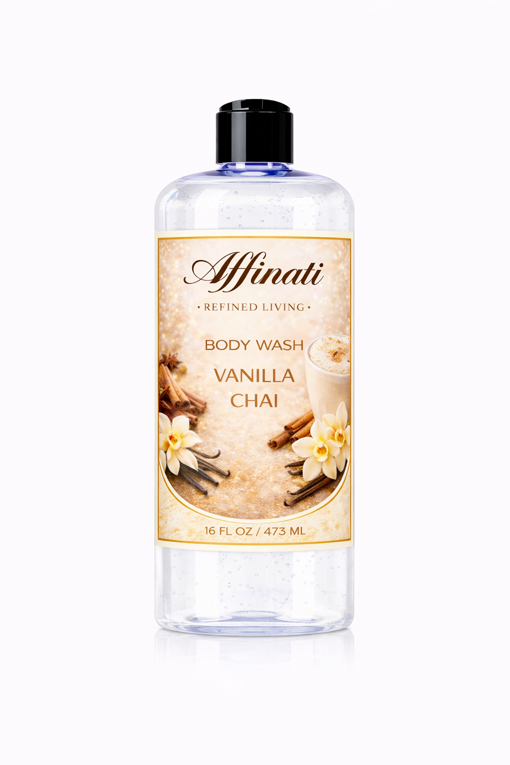 Bottle of Vanilla Chai body wash by Affinati with a label featuring vanilla flowers and cinnamon sticks.