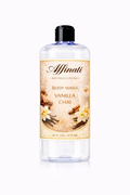 Bottle of Vanilla Chai body wash by Affinati with a label featuring vanilla flowers and cinnamon sticks.