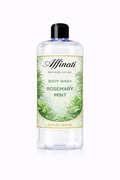A 16 oz clear bottle of Affinati Rosemary Mint Body Wash with a white label featuring botanical illustrations of rosemary and mint leaves.
