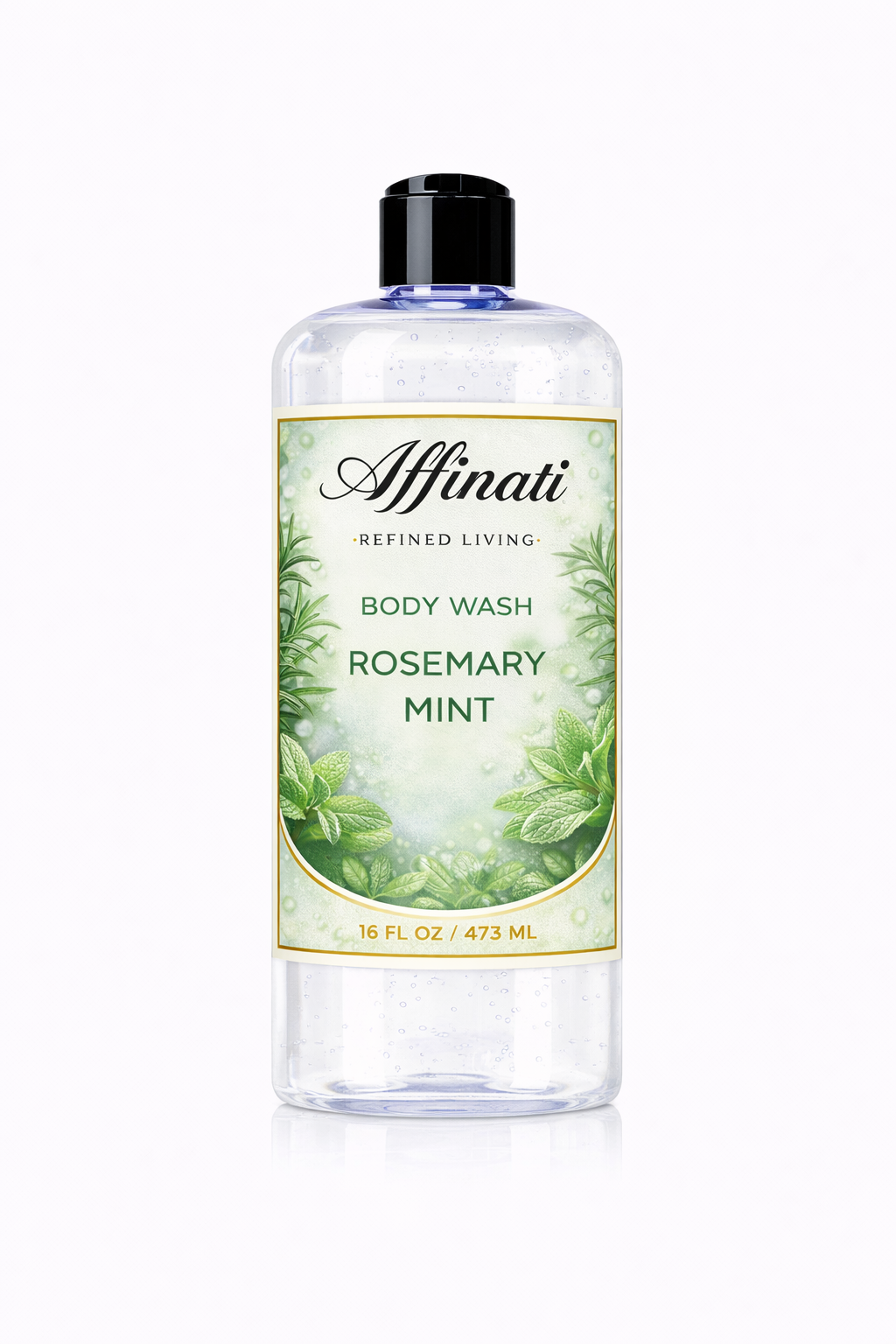 A 16 oz clear bottle of Affinati Rosemary Mint Body Wash with a white label featuring botanical illustrations of rosemary and mint leaves.