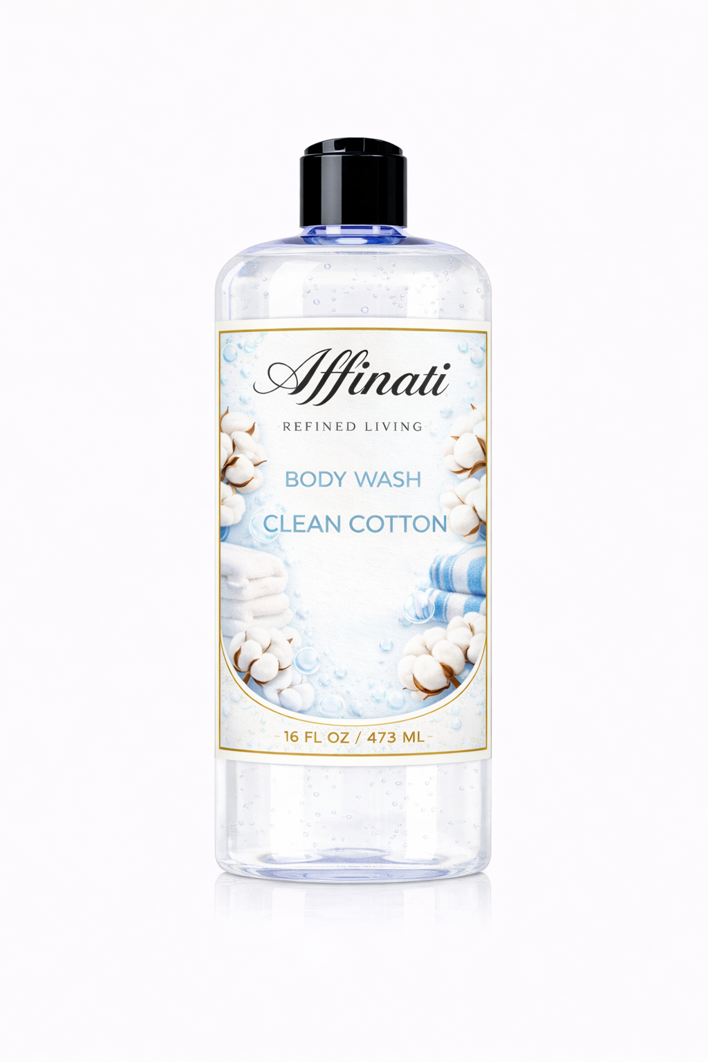 A clear 16 oz bottle of Affinati Clean Cotton body wash featuring a label with cotton plant illustrations and a black cap.