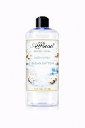 A clear 16 oz bottle of Affinati Clean Cotton body wash featuring a label with cotton plant illustrations and a black cap.