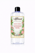 A 16 oz bottle of clear Peppermint Swirl body wash with a festive label featuring peppermint candy graphics.