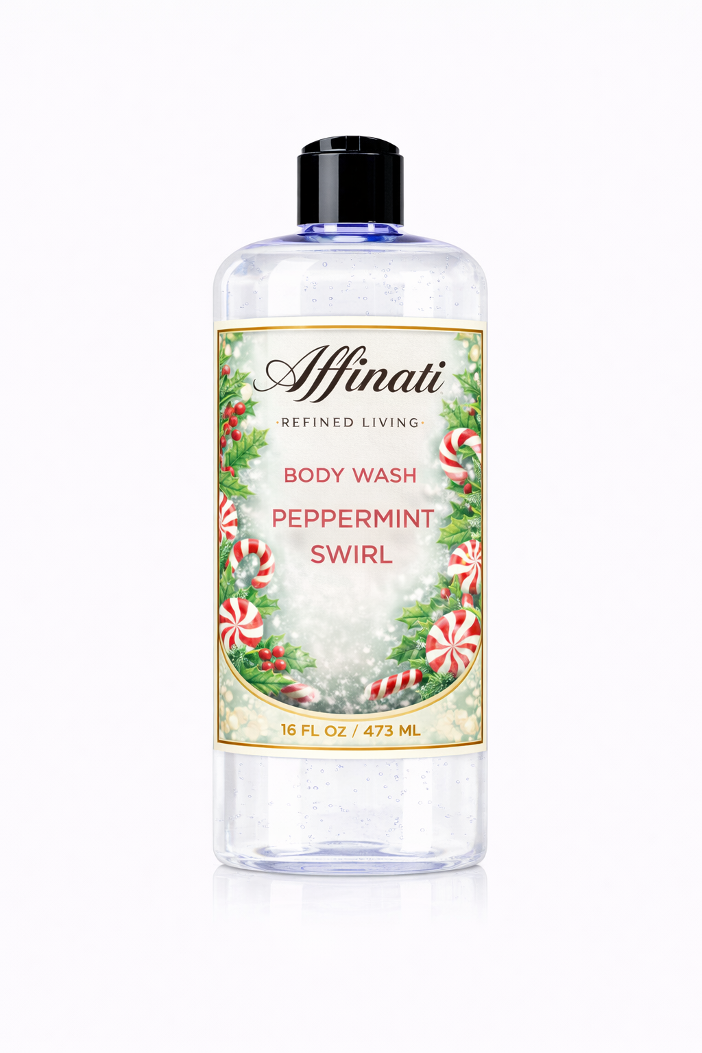 A 16 oz bottle of clear Peppermint Swirl body wash with a festive label featuring peppermint candy graphics.