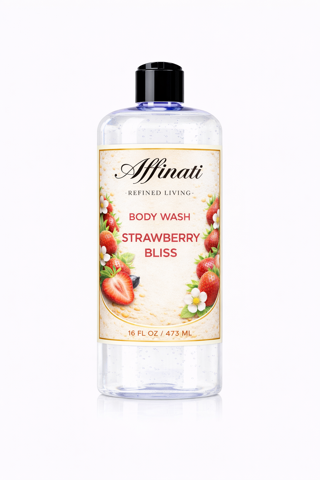 A 16 oz bottle of Affinati Strawberry Bliss body wash with a strawberry-themed label.