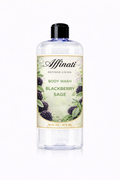 A 16 oz bottle of Affinati Blackberry Sage body wash with a clear gel formula and a label featuring blackberry and sage illustrations.