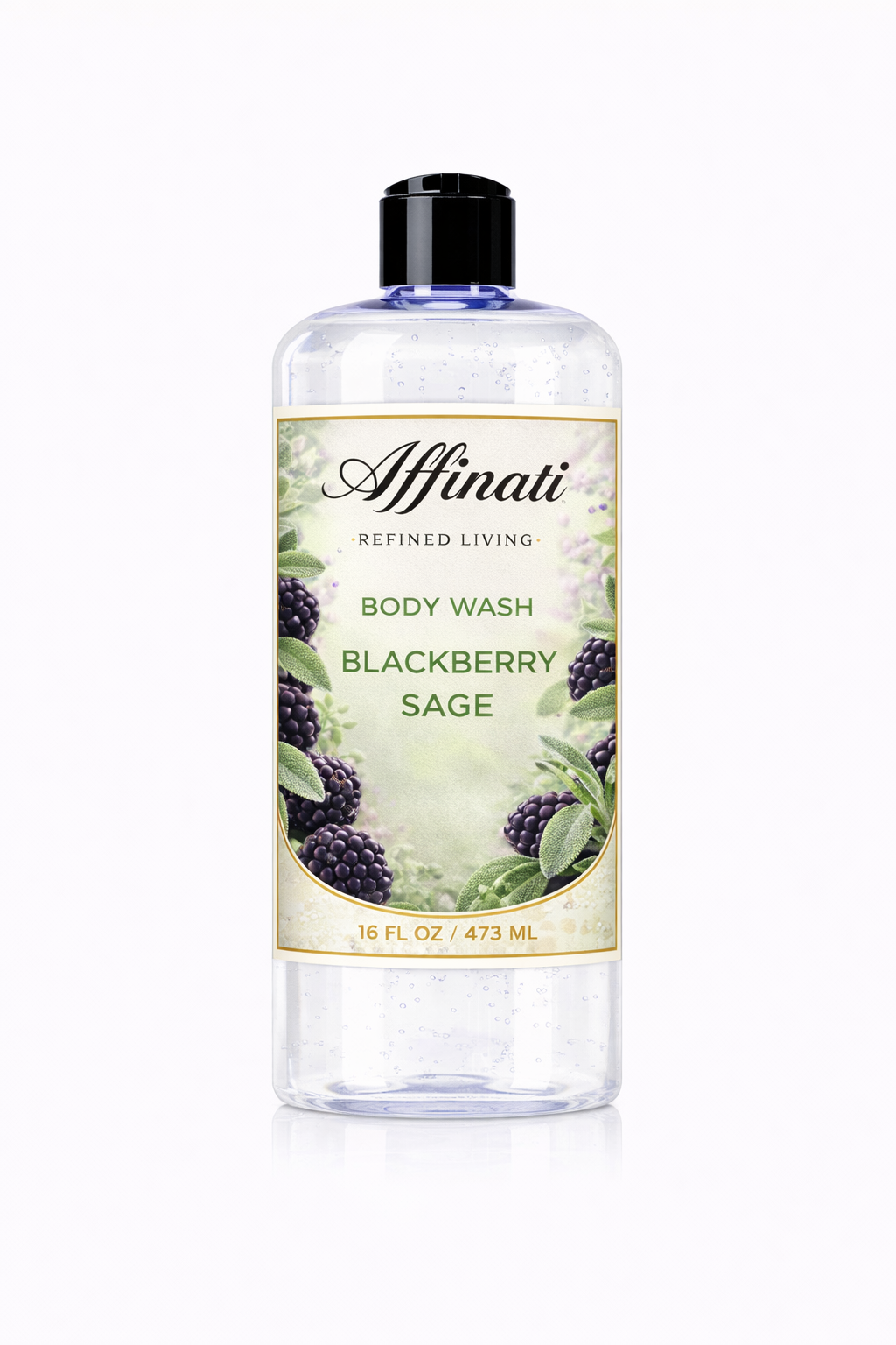 A 16 oz bottle of Affinati Blackberry Sage body wash with a clear gel formula and a label featuring blackberry and sage illustrations.