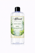 A 16 oz bottle of Affinati Mint Eucalyptus Body Wash with a label featuring green mint leaves and eucalyptus foliage.
