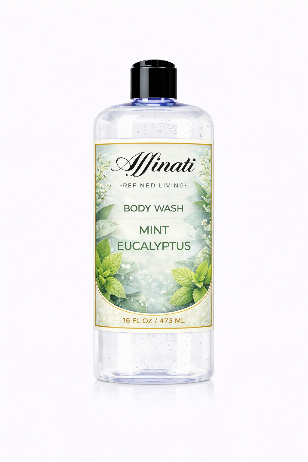 A 16 oz bottle of Affinati Mint Eucalyptus Body Wash with a label featuring green mint leaves and eucalyptus foliage.