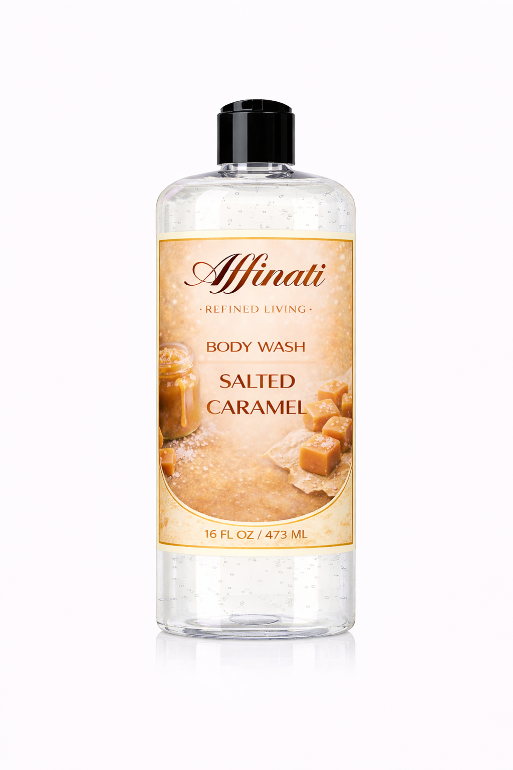 A 16 oz clear bottle of Salted Caramel body wash with a caramel-themed label against a white background.