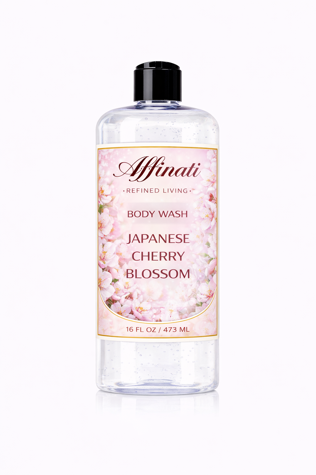 A 16 oz clear bottle of Japanese Cherry Blossom Body Wash with a floral label featuring pink cherry blossoms against a white background.