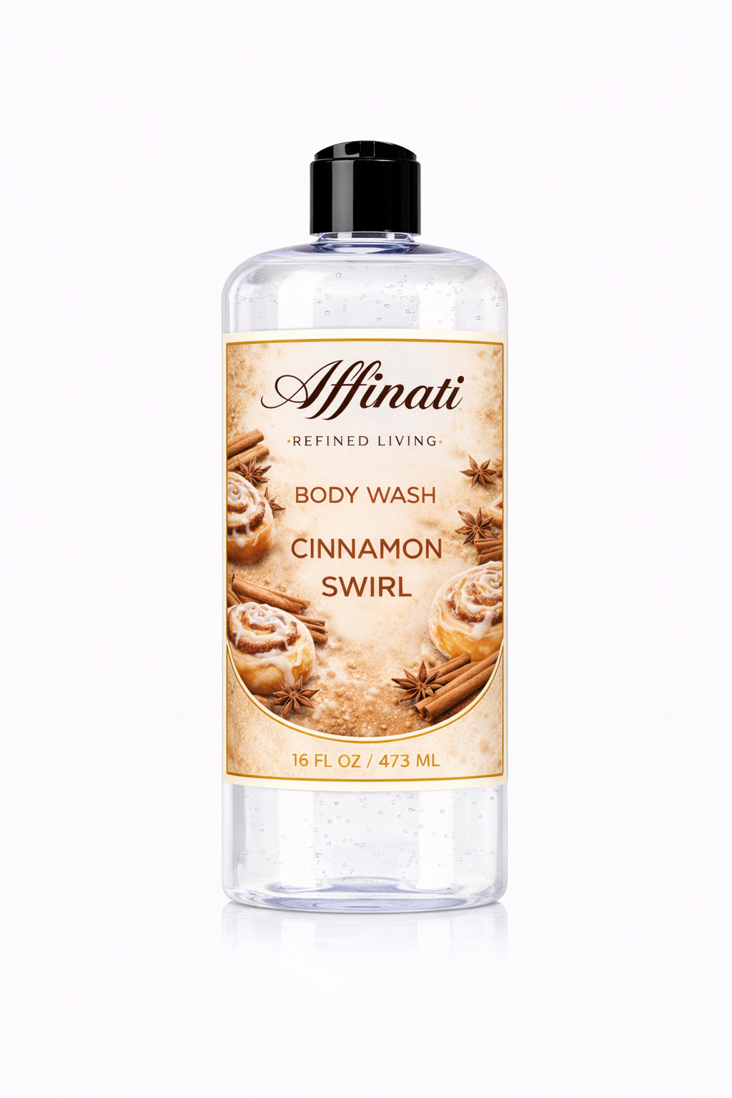 A 16 oz bottle of Cinnamon Swirl Body Wash with a label featuring cinnamon rolls and spice imagery.