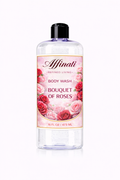 A 16 oz bottle of Affinati Bouquet of Roses Body Wash with floral labeling.