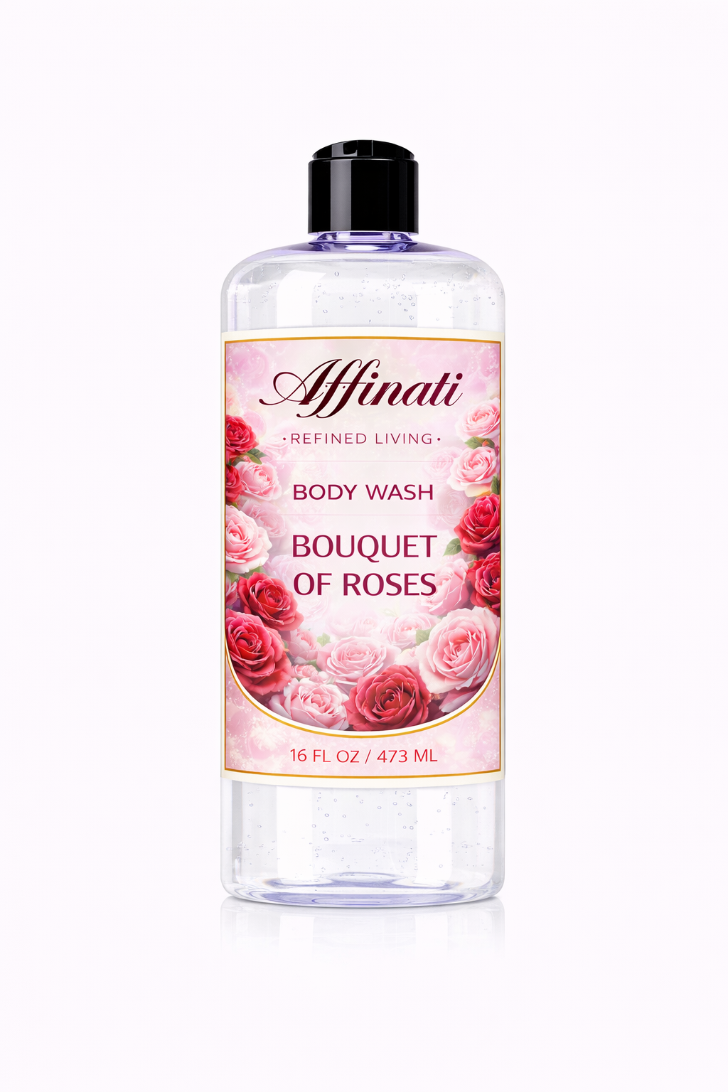 A 16 oz bottle of Affinati Bouquet of Roses Body Wash with floral labeling.