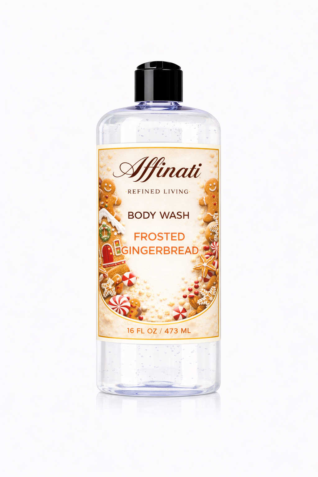 Bottle of Affinati Frosted Gingerbread Body Wash with festive label design on white background