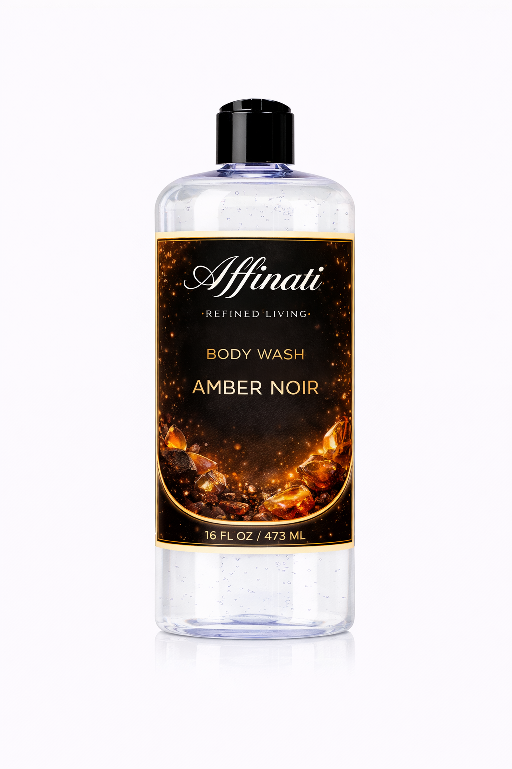 A clear 16 oz bottle of Affinati Amber Noir Body Wash with a black label featuring amber gemstones.