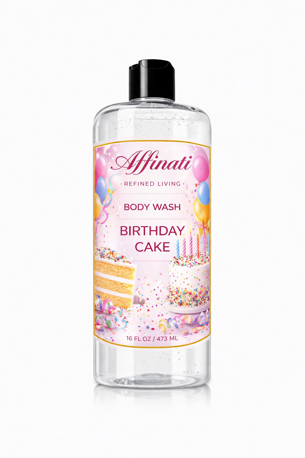 A 16 oz bottle of Affinati Birthday Cake Body Wash featuring a label with cake and balloon illustrations.