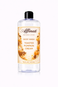 A clear 16 oz bottle of Affinati Toasted Pumpkin Cream Body Wash featuring a label with pumpkin, cinnamon, and cream illustrations.