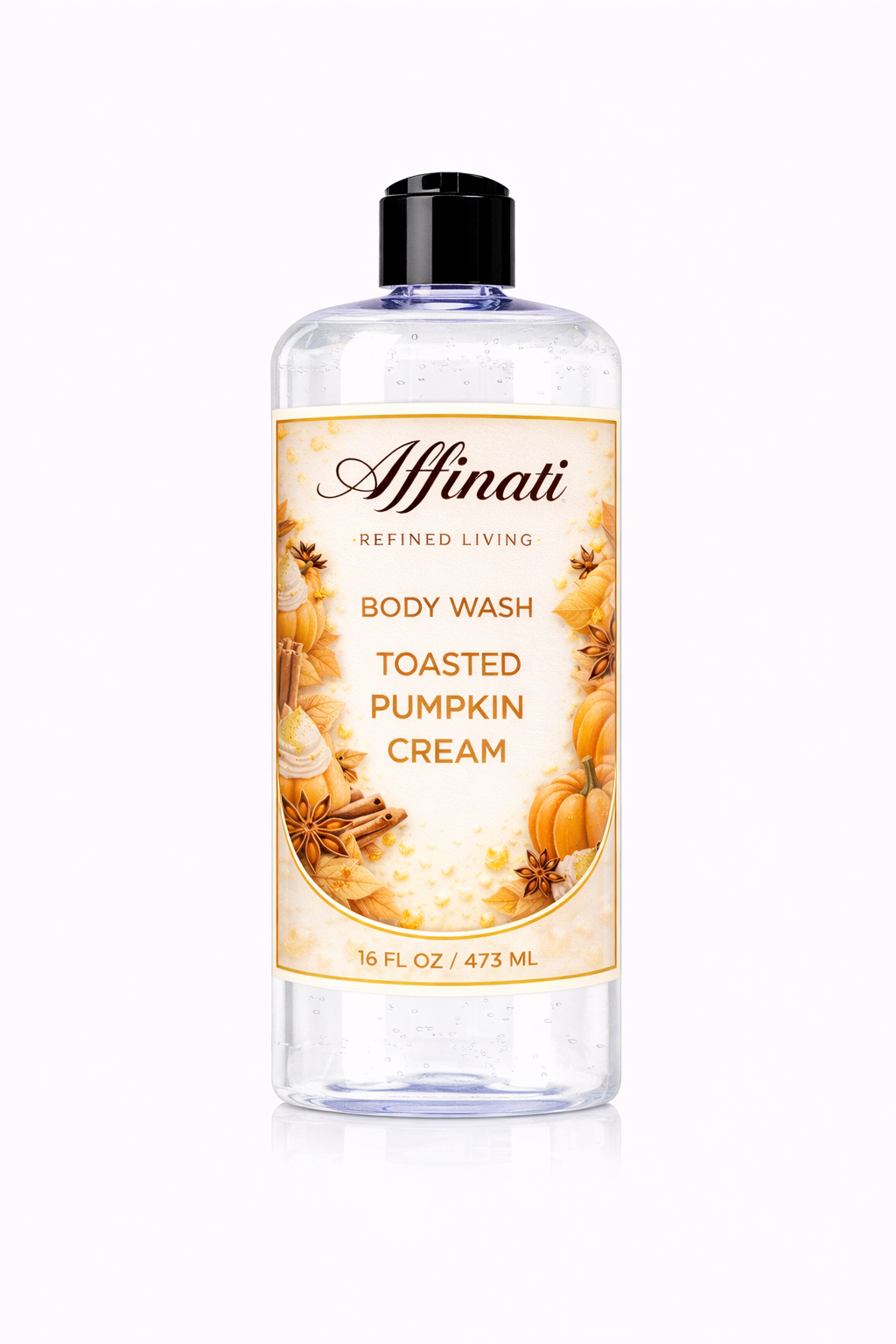 A clear 16 oz bottle of Affinati Toasted Pumpkin Cream Body Wash featuring a label with pumpkin, cinnamon, and cream illustrations.