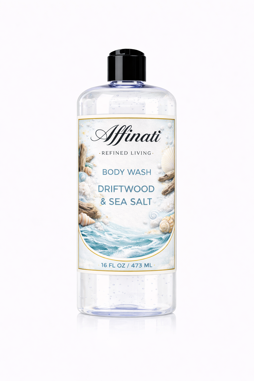 Clear 16 oz bottle of Affinati Driftwood and Sea Salt Body Wash with beach-themed label featuring shells and driftwood