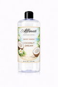 A clear 16 oz bottle of Affinati Coconut Dream Body Wash featuring tropical coconut and palm leaf label design.