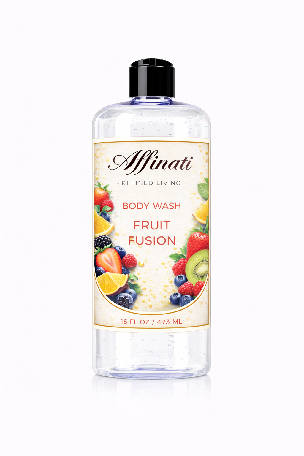 A 16 oz bottle of Affinati Fruit Fusion Body Wash with clear gel and a label decorated with colorful fruit illustrations.