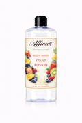 A 16 oz bottle of Affinati Fruit Fusion Body Wash with clear gel and a label decorated with colorful fruit illustrations.
