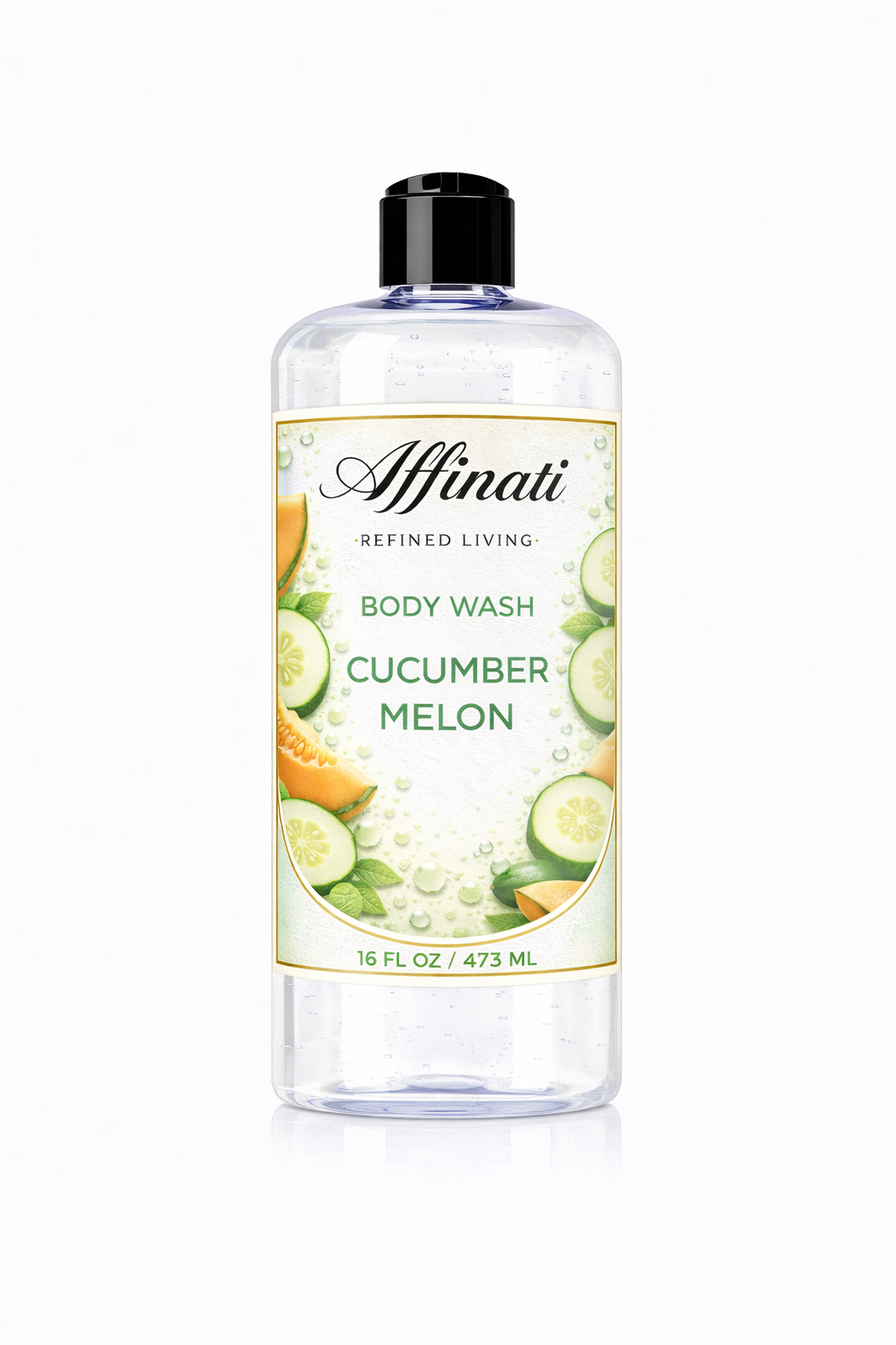 Clear 16 oz bottle of Affinati Cucumber Melon Body Wash with label showing fresh cucumber and melon slices