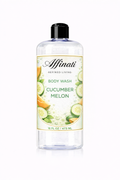 Clear 16 oz bottle of Affinati Cucumber Melon Body Wash with label showing fresh cucumber and melon slices