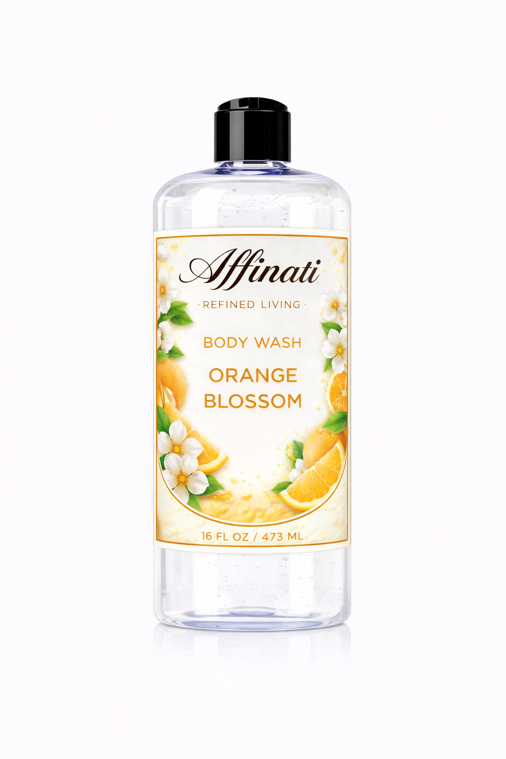 A 16 oz bottle of Orange Blossom body wash with a clear liquid formula and a label featuring citrus and flower illustrations.