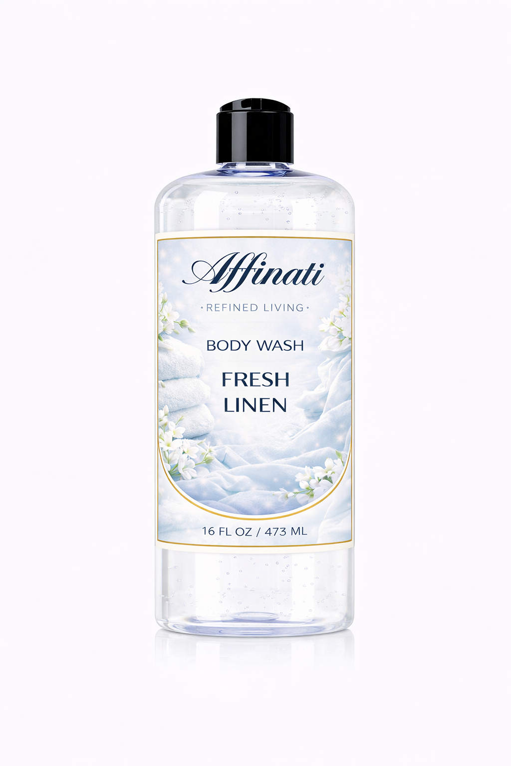 A 16 oz bottle of Affinati Fresh Linen Body Wash with a clean and minimal design.