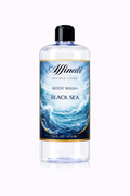 A 16 oz bottle of Affinati Black Sea Body Wash with a label featuring ocean waves.