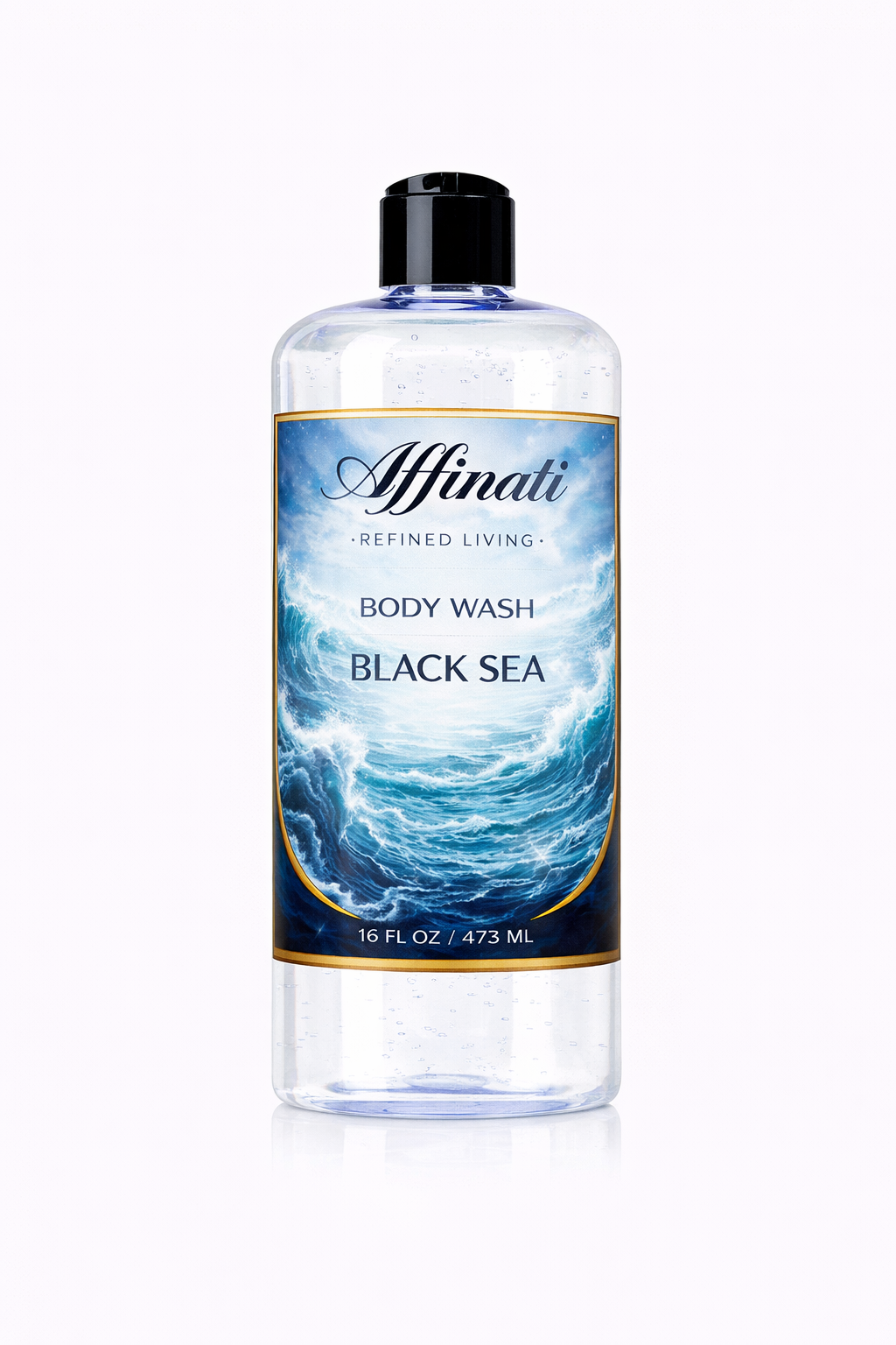A 16 oz bottle of Affinati Black Sea Body Wash with a label featuring ocean waves.