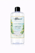 A 16 oz clear bottle of Affinati Cactus & Sea Salt Body Wash with a label featuring a desert coastal scene.