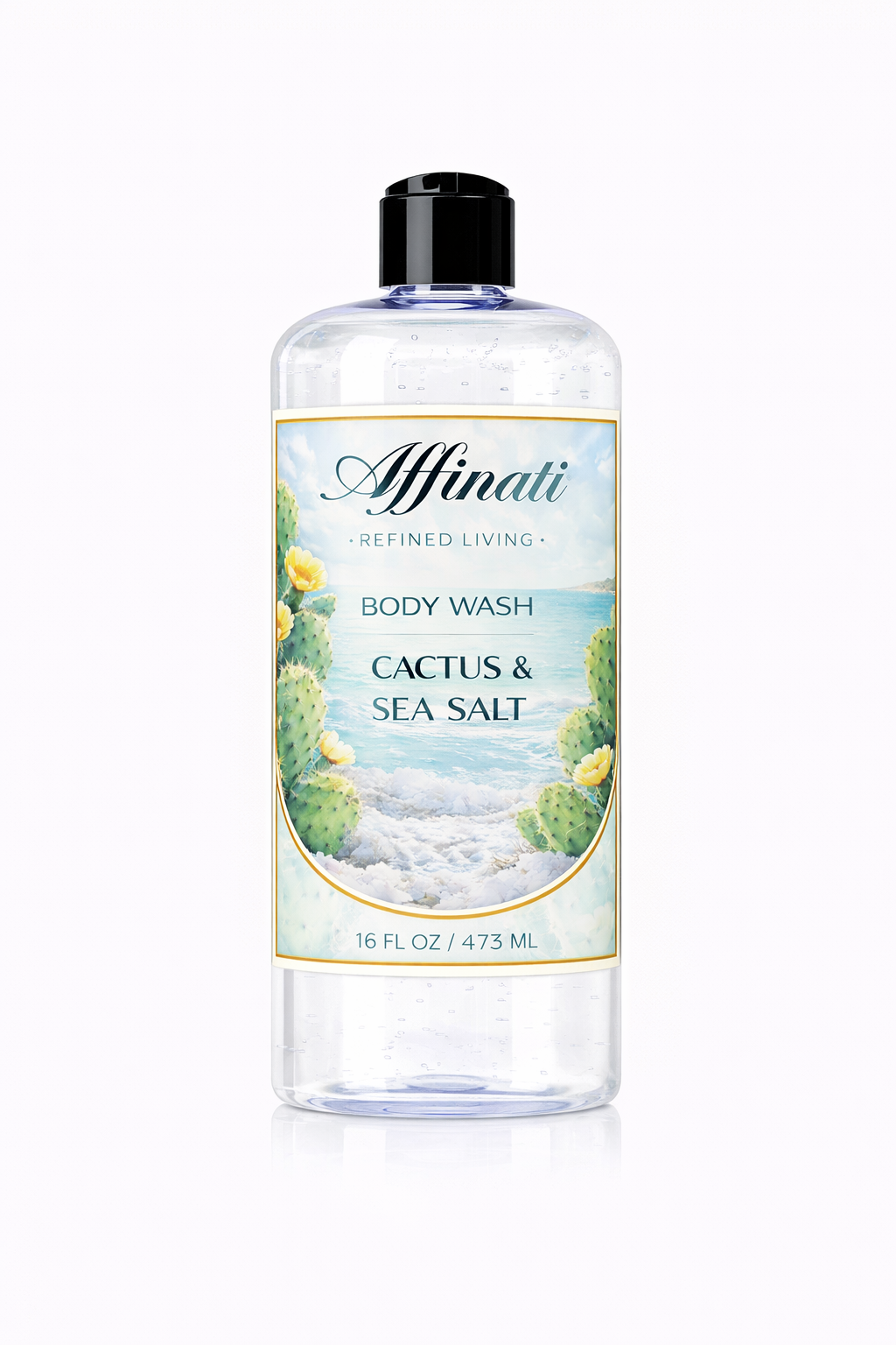 A 16 oz clear bottle of Affinati Cactus & Sea Salt Body Wash with a label featuring a desert coastal scene.