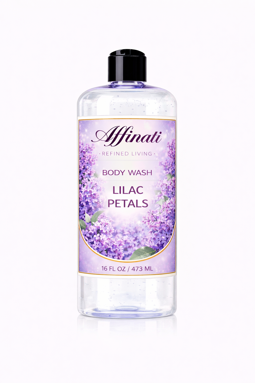 A 16 oz clear bottle of Affinati Lilac Petals Body Wash with a floral label