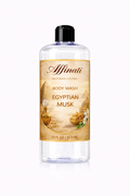 Bottle of Affinati Egyptian Musk Body Wash with gold desert-themed label on white background