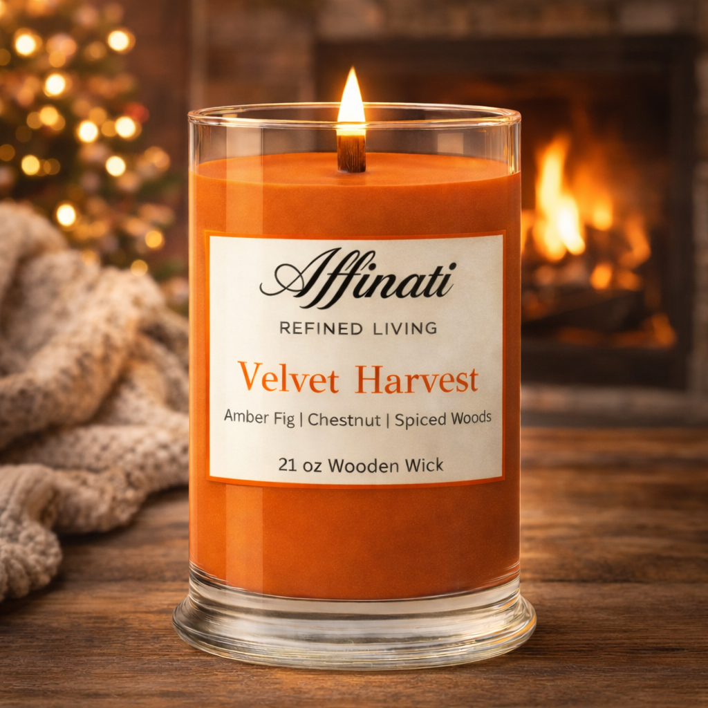 Velvet Harvest Wooden Wick Candle – Luxury 21 oz Soy Blend | Affinati