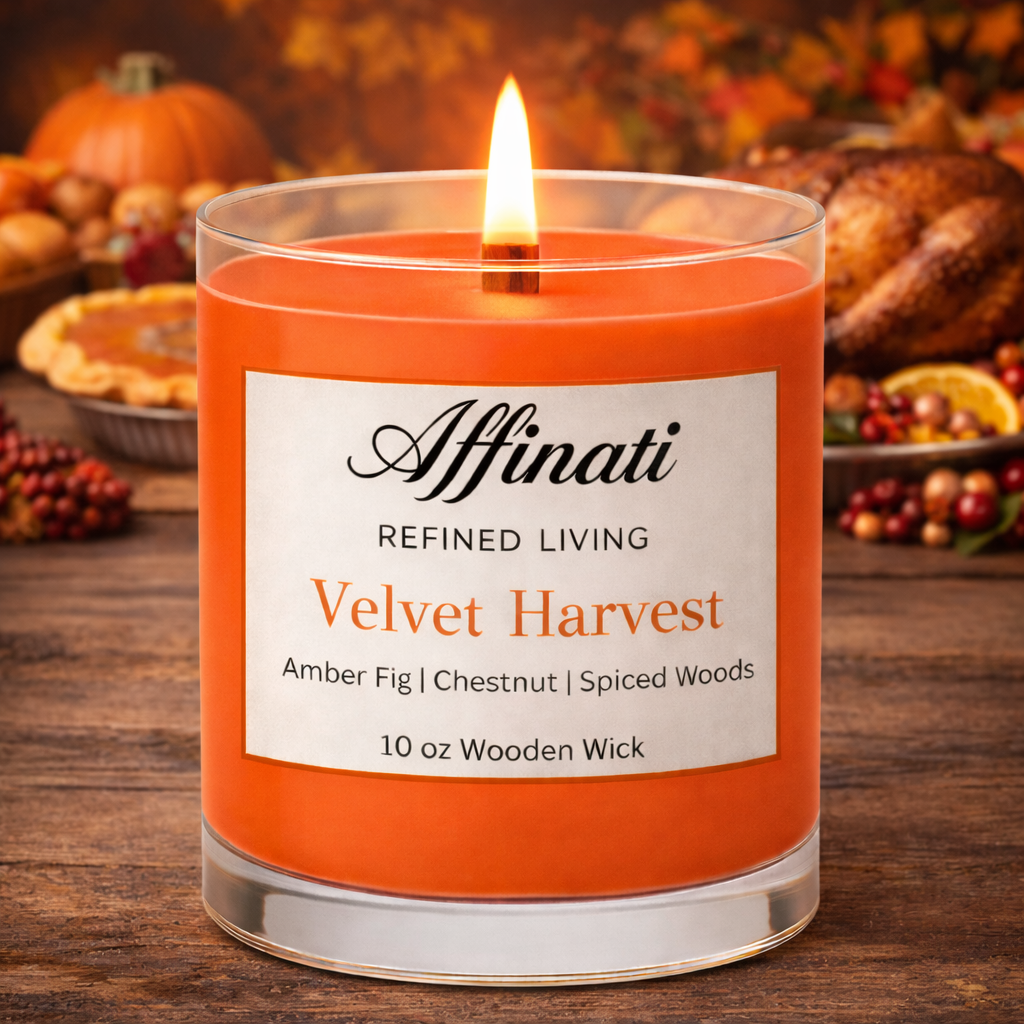 Velvet Harvest Wooden Wick Candle – Luxury 10 oz Soy Blend | Affinati