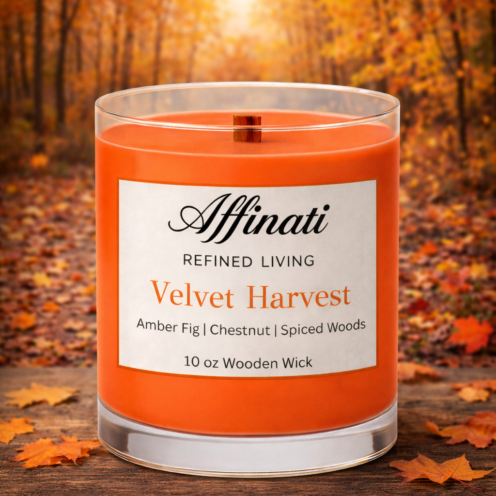 Velvet Harvest Wooden Wick Candle – Luxury 10 oz Soy Blend | Affinati