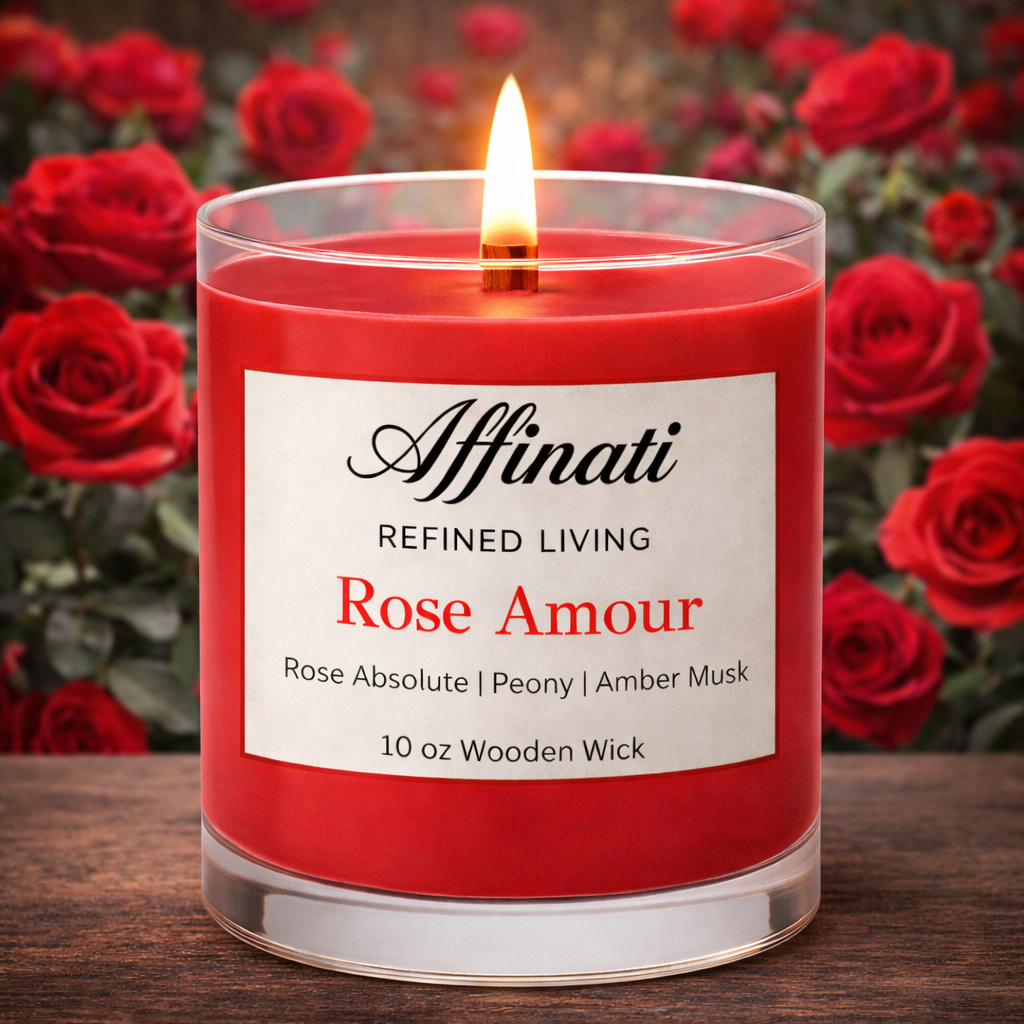 Rose Amour Wooden Wick Candle – Luxury 10 oz Soy Blend | Affinati