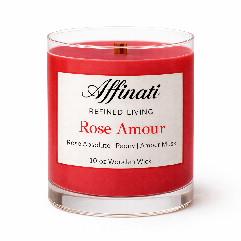 Rose Amour Wooden Wick Candle – Luxury 10 oz Soy Blend | Affinati