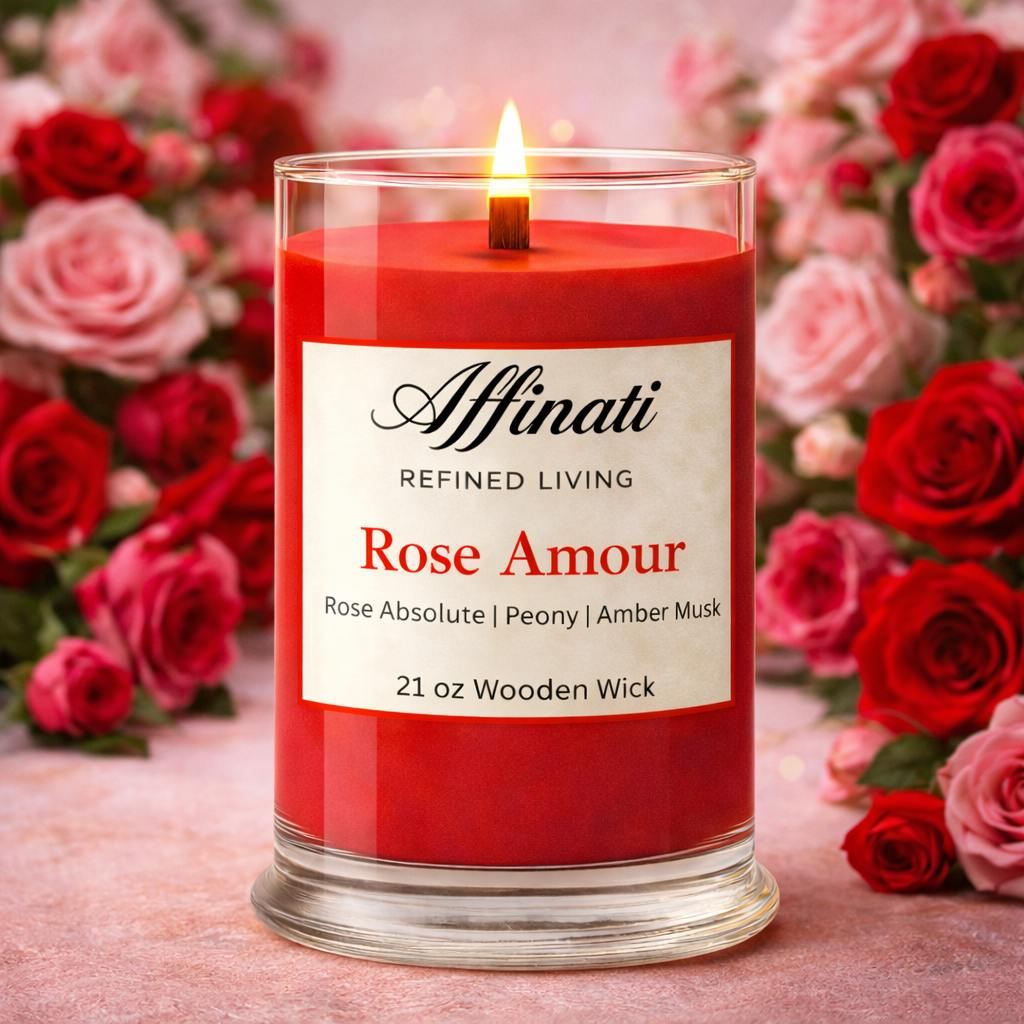 Rose Amour Wooden Wick Candle – Luxury 21 oz Soy Blend | Affinati
