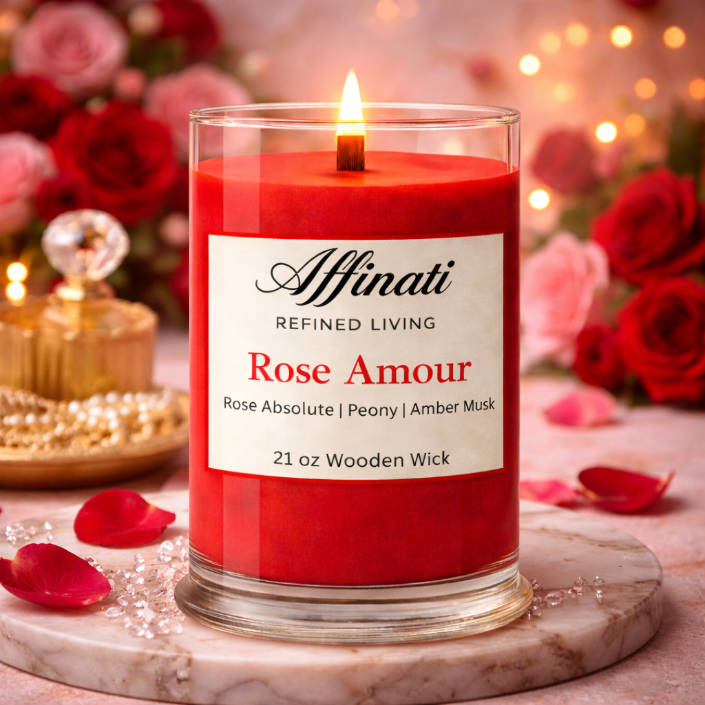 Rose Amour Wooden Wick Candle – Luxury 21 oz Soy Blend | Affinati
