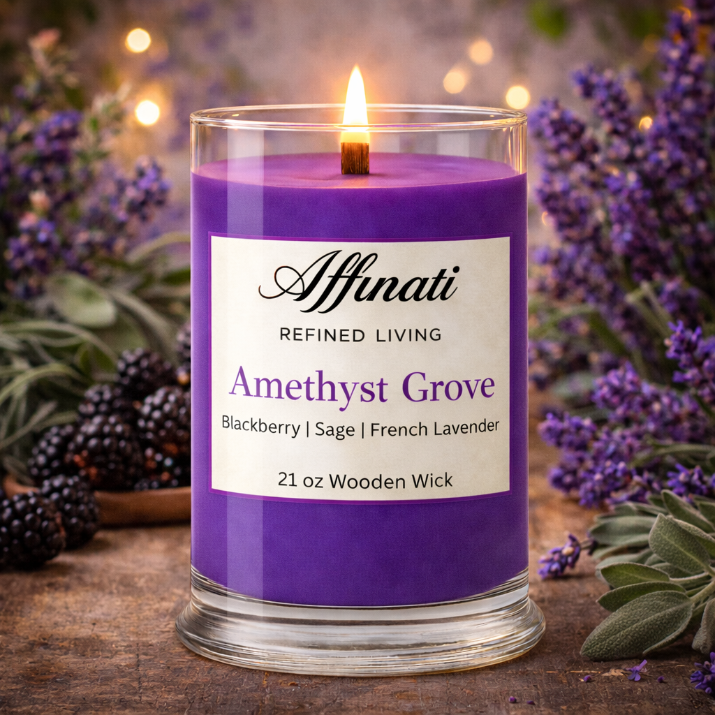 Amethyst Grove Wooden Wick Candle – Luxury 21 oz Soy Blend | Affinati